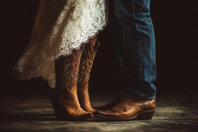 A man wears jeans with cowboy boots and a woman wears wedding dress with cowboy boots (1)