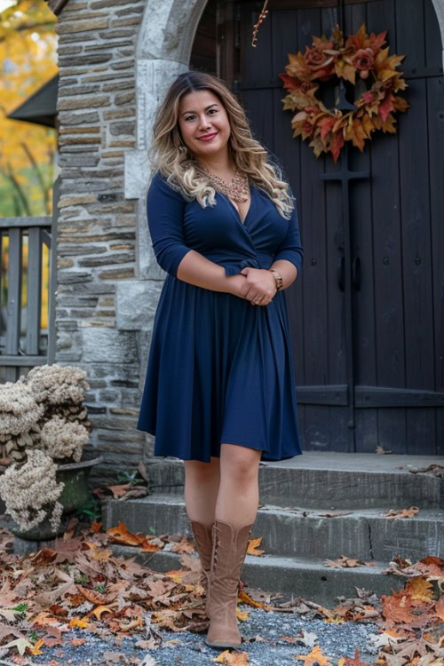 A midsize woman wears a navy wrap-style wedding guest dress with three-quarter sleeves and tan cowboy boots