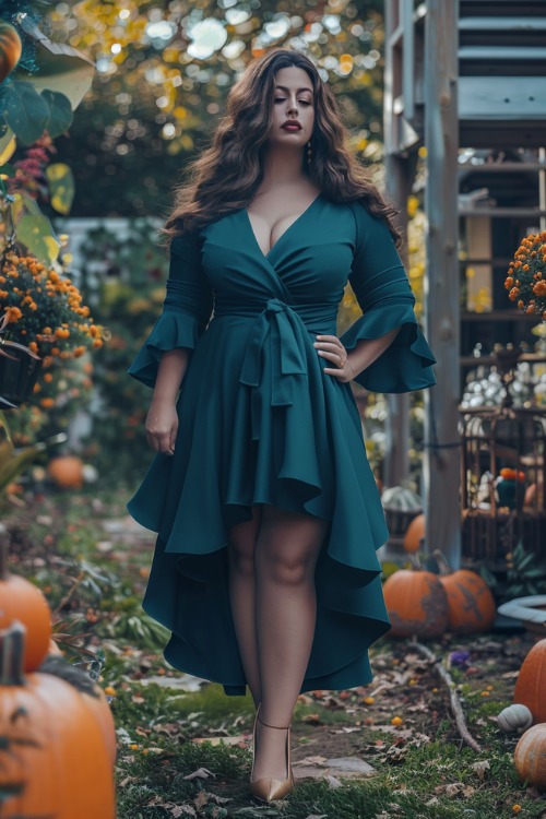 A midsize woman wears a teal high-low wedding guest dress with ruffled sleeves, a deep V-neckline, and gold heels