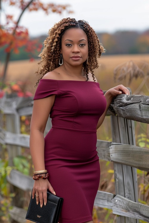 A midsize woman wears an off-the-shoulder burgundy midi wedding guest dress with gold accessories and a black clutch