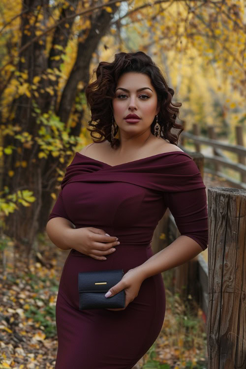 A midsize woman wears an off-the-shoulder burgundy wedding guest dress with a black clutch