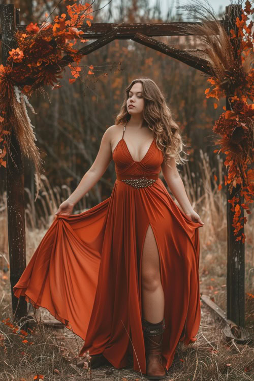 A midsize woman wears an orange halter wedding guest dress with a thigh-high slit and brown boots