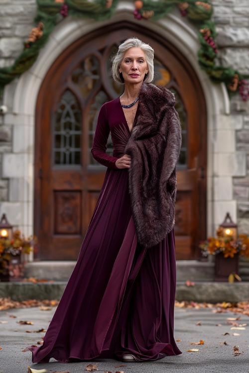 A woman over 50 wears a burgundy floor-length wedding guest dress paired with a faux fur stole