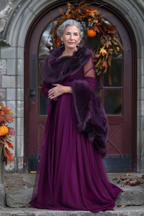 A woman over 50 wears a burgundy floor-length wedding guest dress with a faux fur stole