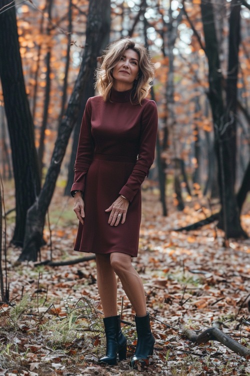 A woman over 50 wears a burgundy high-neck wedding guest dress paired with black ankle boots