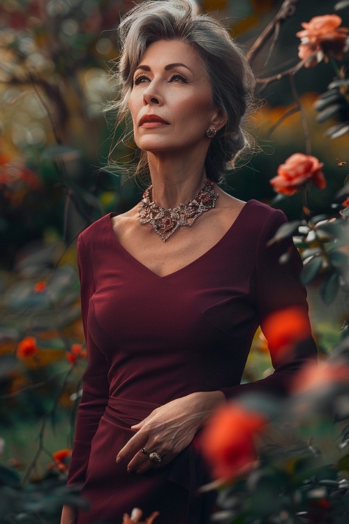 A woman over 50 wears a burgundy long-sleeve wedding guest dress with a deep neckline