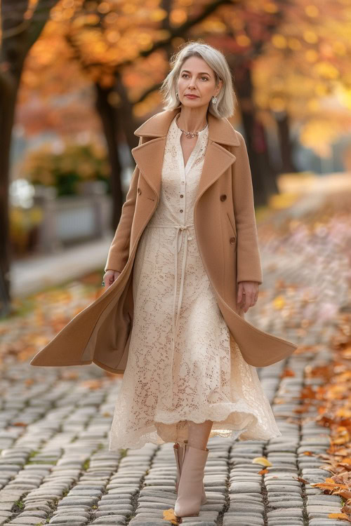 A woman over 50 wears a cream lace wedding guest dress with a camel coat and ankle boots