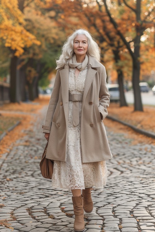 A woman over 50 wears a cream lace wedding guest dress with a camel coat and matching boots