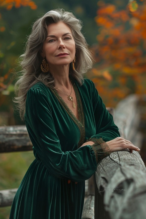 A woman over 50 wears a deep green velvet wedding guest dress with long sleeves and intricate gold detailing