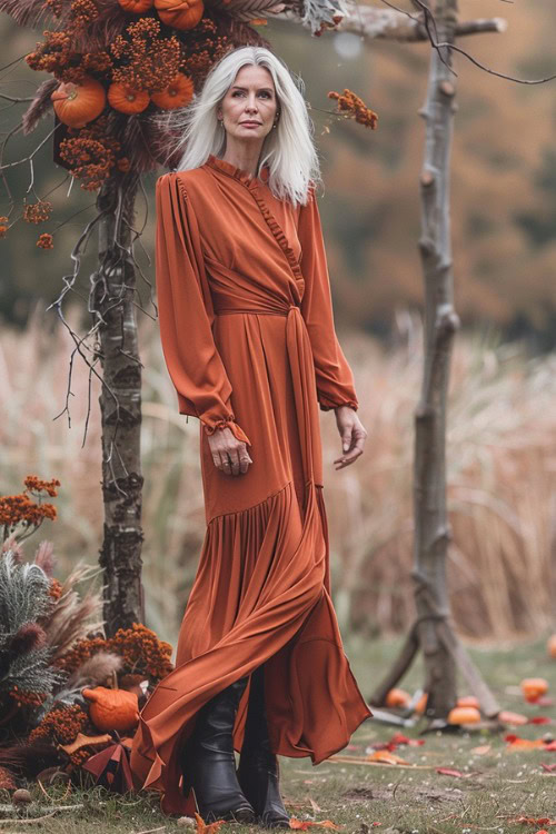 A woman over 50 wears a rust-colored long-sleeve wedding guest dress with black boots