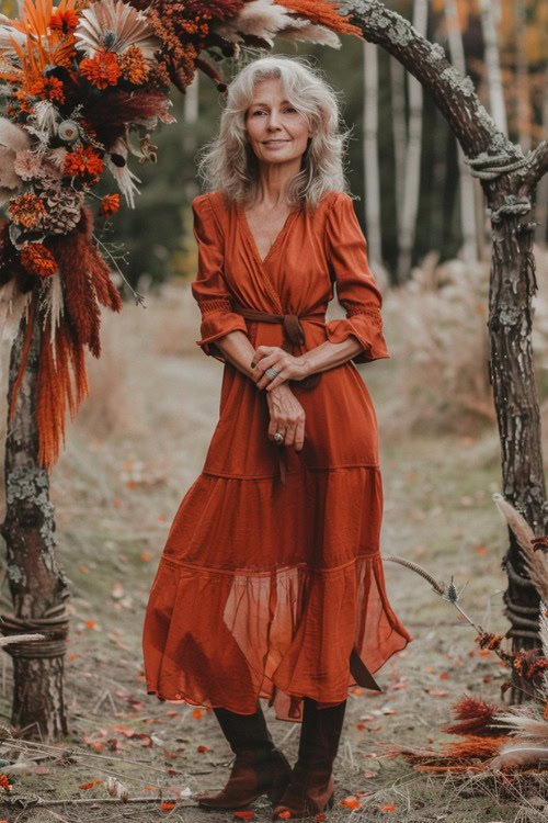 A woman over 50 wears a rust tiered wedding guest dress with long sleeves and brown boots