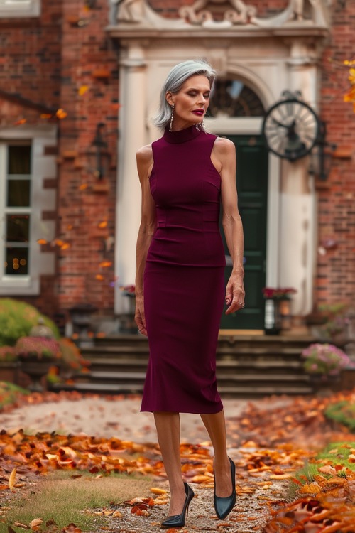 A woman over 50 wears a sleeveless burgundy midi wedding guest dress with a high neckline