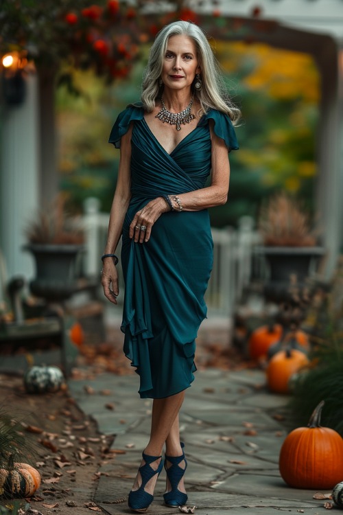 A woman over 50 wears a teal ruched wedding guest dress with ruffled sleeves and matching heels