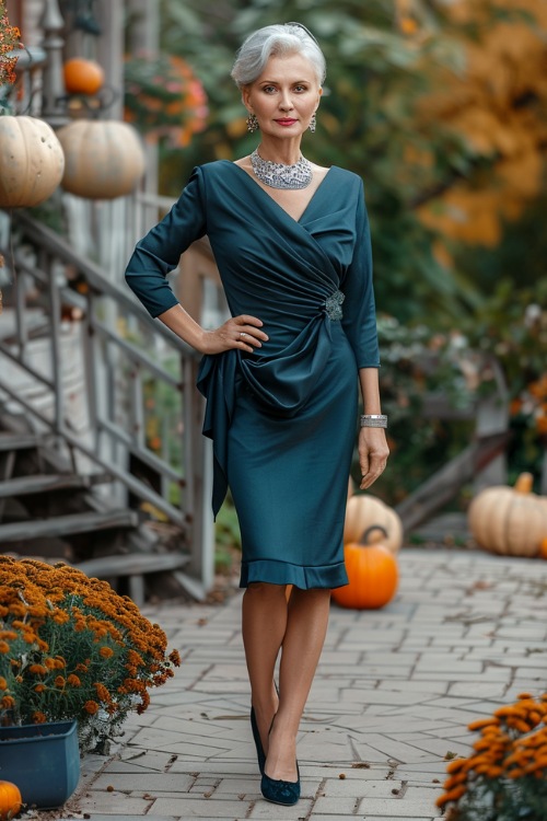 A woman over 50 wears a teal wrap-style wedding guest dress and matching suede flats