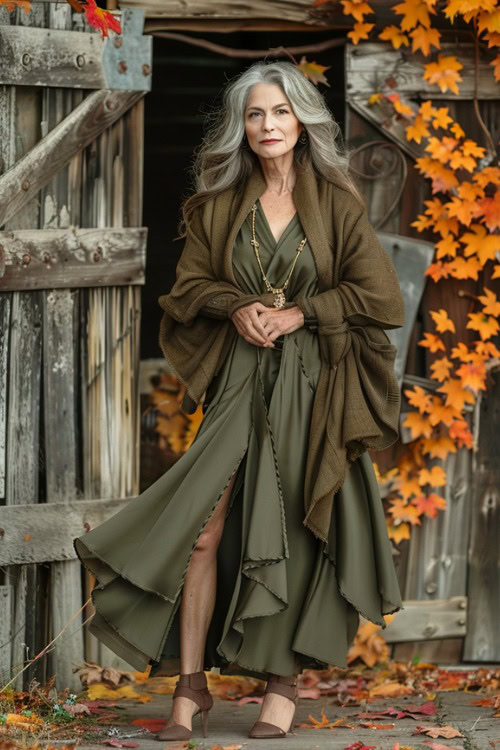 A woman over 50 wears an olive green flowy wedding guest dress with a brown shawl and matching heels