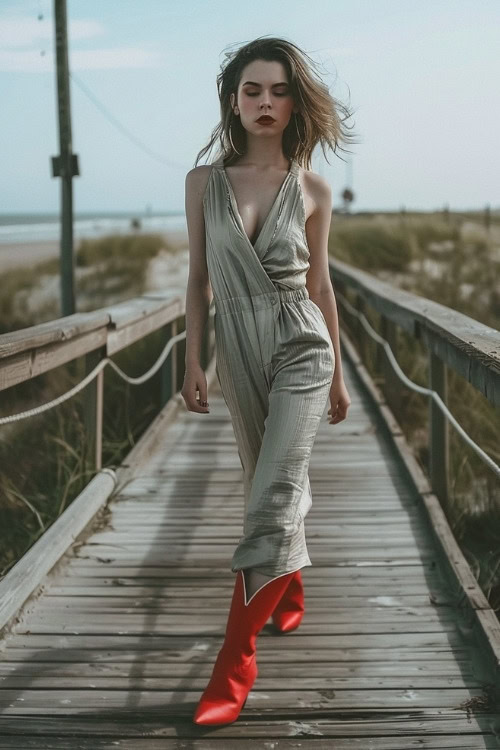 A woman strides in a metallic jumpsuit with a plunging neckline and red cowboy boots