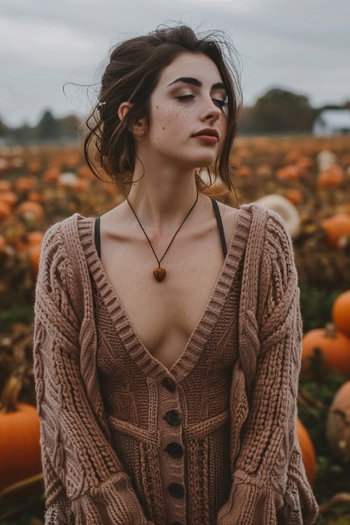 A woman wearing a simple cotton dress with a cardigan, standing in a pumpkin patch during a casual country wedding in the fall