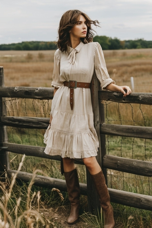 A woman wears a beige dress with brown boots for a casual country wedding