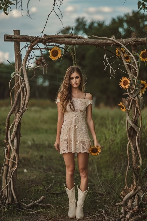 A woman wears a beige lace mini bridesmaid dress with white cowboy boots