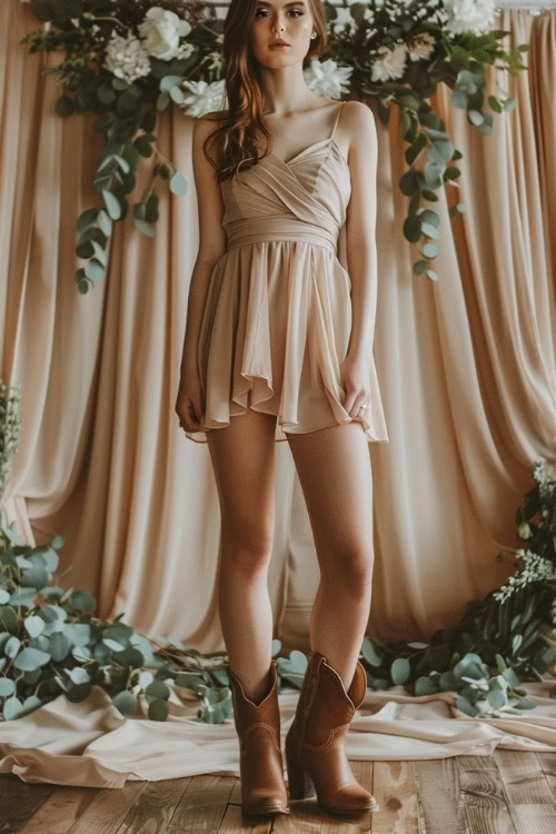 A woman wears a beige mini bridesmaid dress with short brown cowboy boots