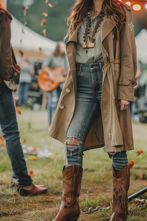 A woman wears a beige trench coat, a blouse, ripped jeans, and brown cowboy boots