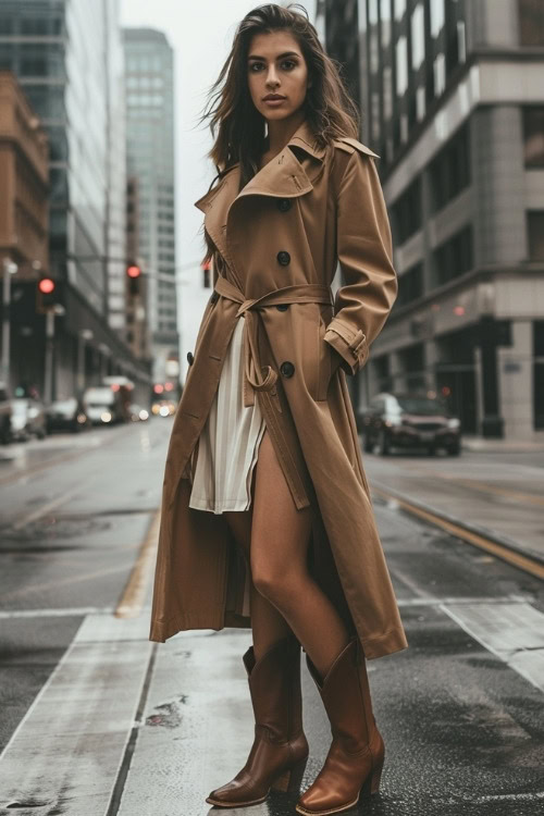 A woman wears a beige trench coat over a white dress with brown cowboy boots