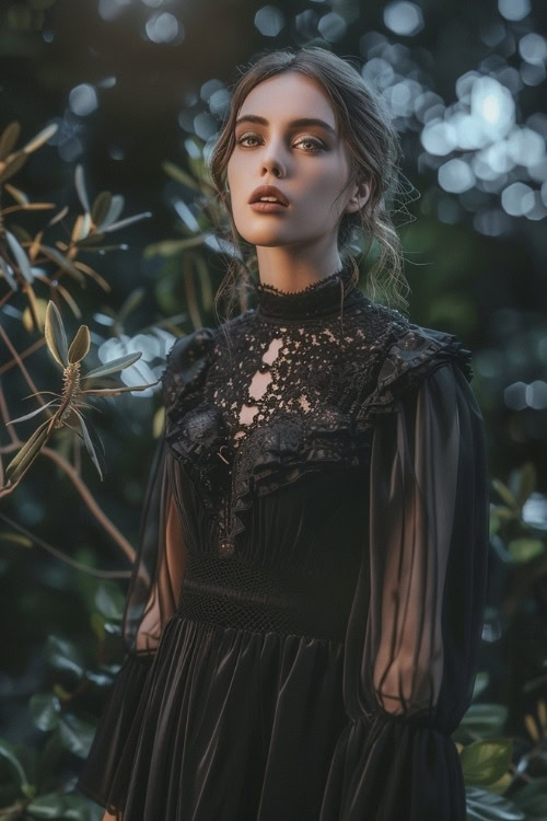 A woman wears a black Victorian-style wedding guest dress with lace detailing and long sleeves