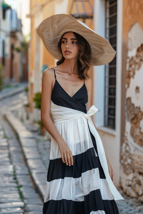 A woman wears a black and white striped wedding guest dress with spaghetti straps and a wide-brimmed hat