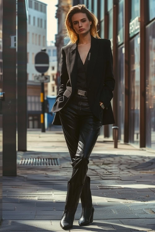 A woman wears a black blazer, black leather pants, and black cowboy boots