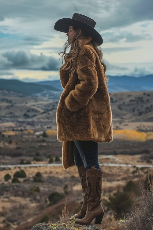 A woman wears a black cowboy hat, brown fur coat, blue jeans, and brown cowboy boots