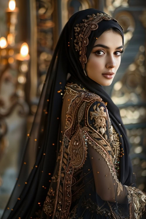 A woman wears a black embroidered wedding guest dress with a matching hijab