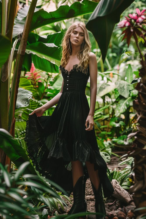 A woman wears a black flowy dress in a tropical setting and black cowboy boots