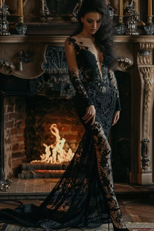 A woman wears a black lace wedding guest gown with a plunging neckline and sheer detailing