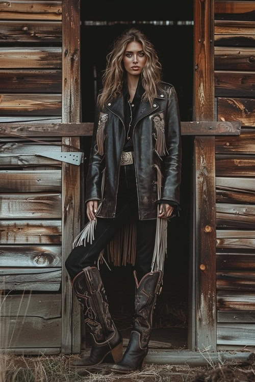 A woman wears a black leather coat with fringe, black top, black jeans, and dark brown cowboy boots