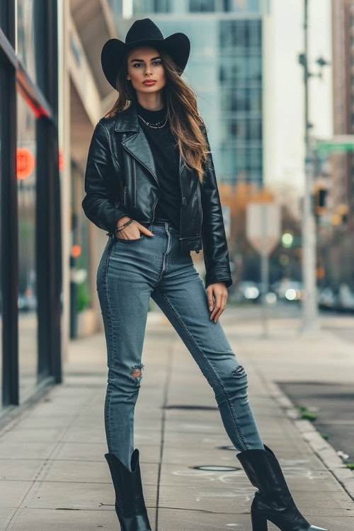 A woman wears a black leather jacket, ripped jeans, and a black cowboy hat with black cowboy boots