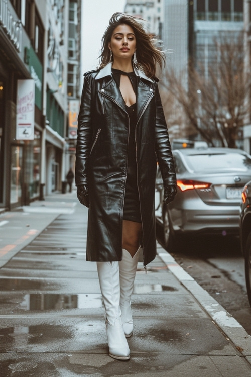 A woman wears a black leather trench coat, black dress, and white cowboy boots