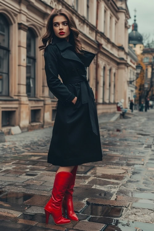 A woman wears a black long coat and red cowboy boots