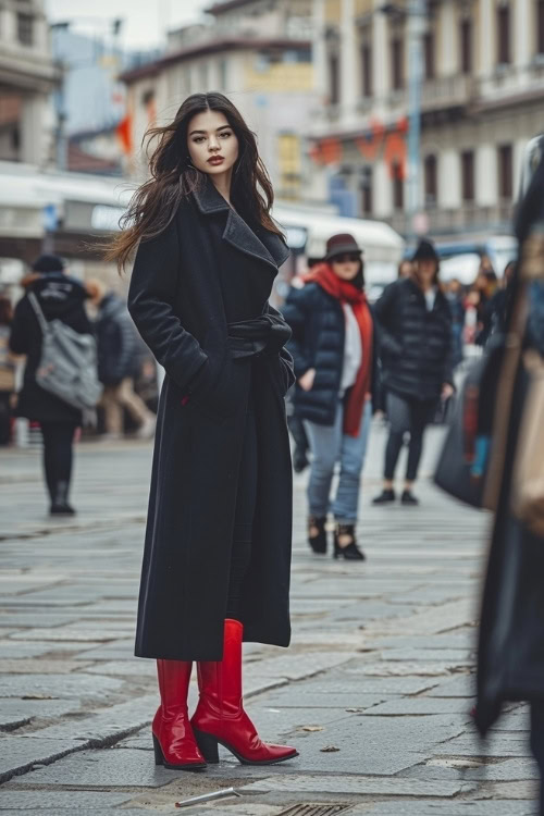 A woman wears a black long coat, black jeans, and red cowboy boots