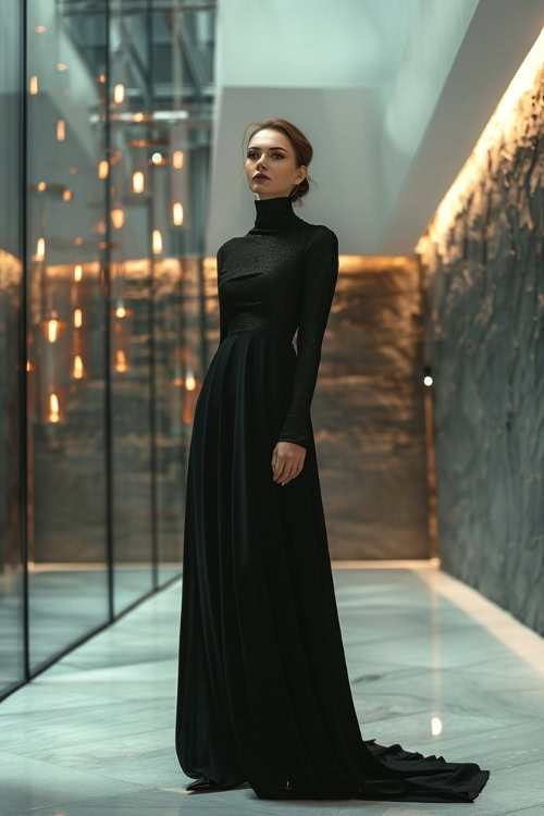 A woman wears a black long-sleeve turtleneck wedding guest dress with a flowing skirt