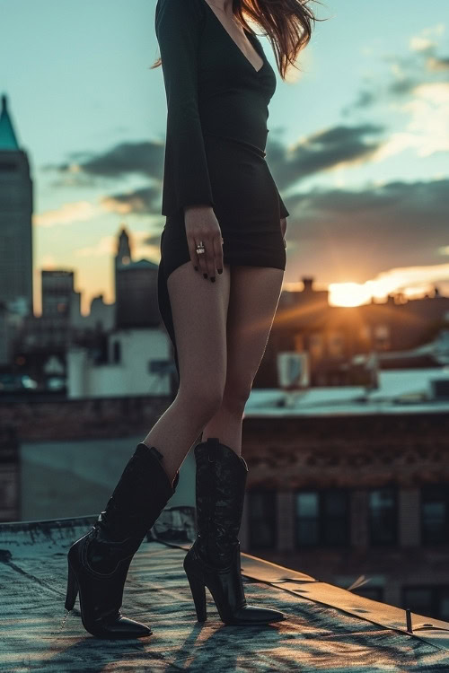 A woman wears a black mini dress with black cowboy boots