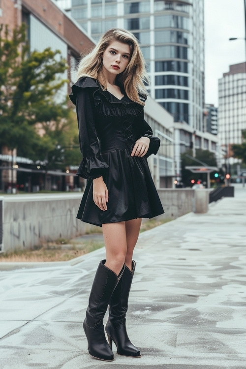 A woman wears a black mini dress with ruffled shoulders and black cowboy boots