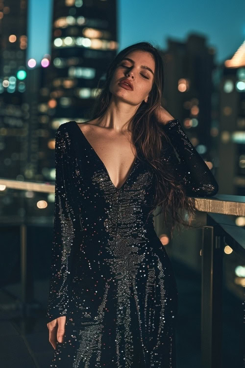 A woman wears a black sequined wedding guest dress with a plunging neckline