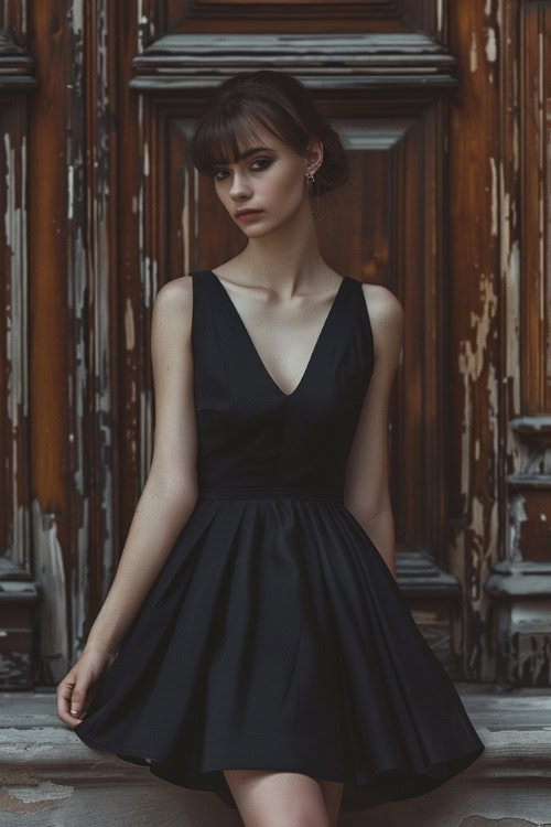 A woman wears a black sleeveless wedding guest dress with a deep V-neckline