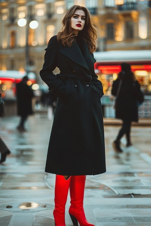 A woman wears a black trench coat, black jeans, and red cowboy boots