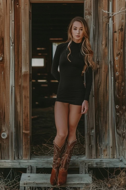 A woman wears a black turtleneck bodycon dress and brown cowboy boots