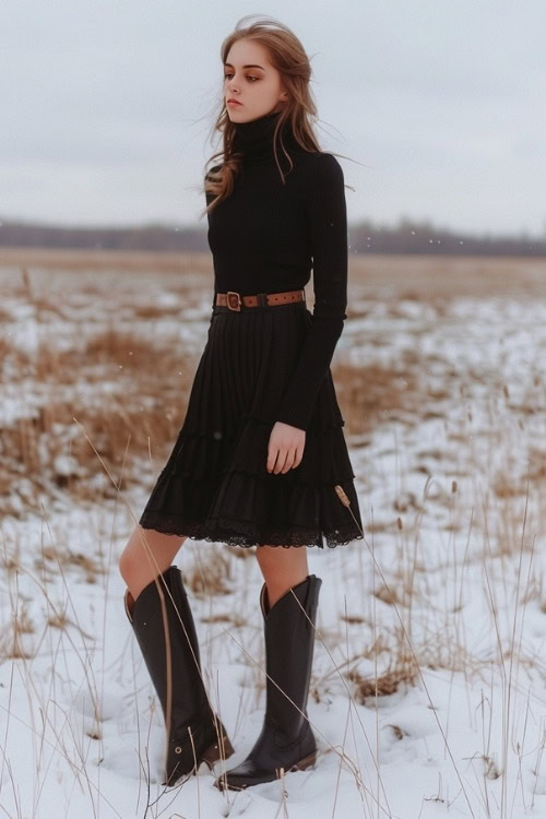 A woman wears a black turtleneck dress with a brown belt and black cowboy boots