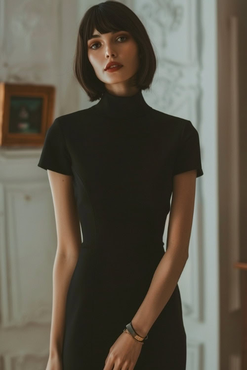 A woman wears a black turtleneck wedding guest dress with short sleeves