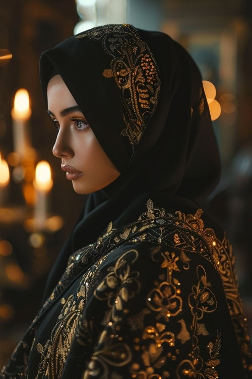 A woman wears a black wedding guest dress with gold embroidery and a matching hijab