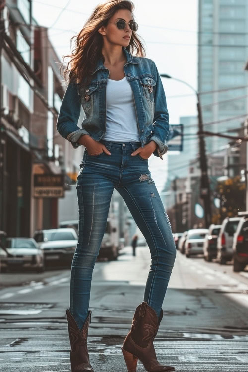 A woman wears a blue denim jacket, a white top, and blue jeans with brown cowboy boots