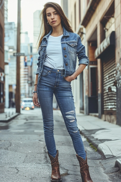 A woman wears a blue denim jacket, a white top, and ripped jeans with brown cowboy boots